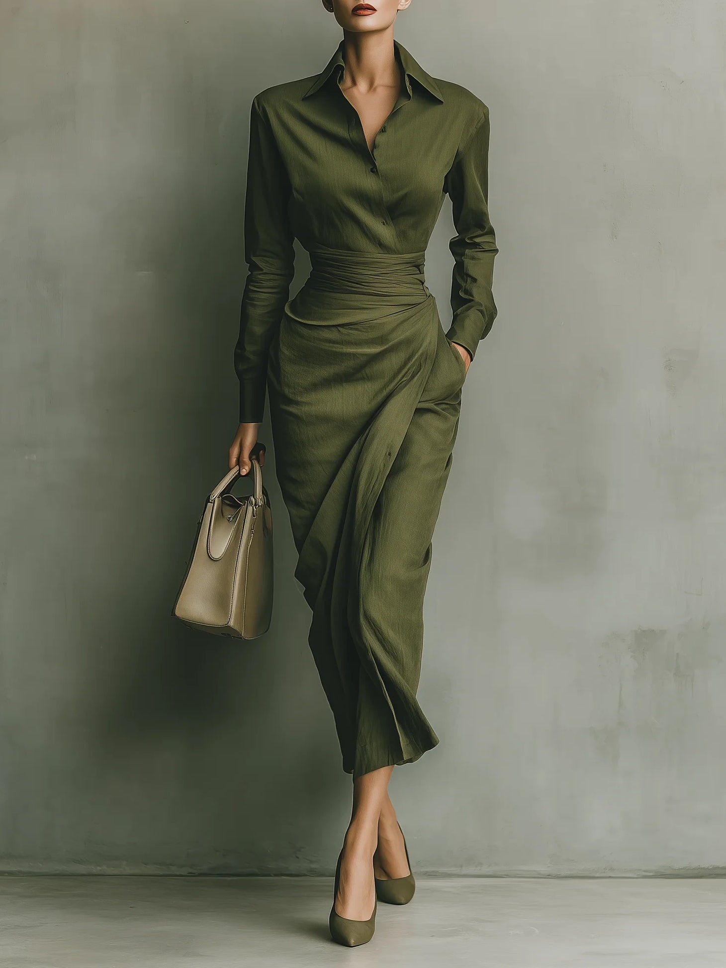 Elegant women's green wrap midi dress with long sleeves, perfect for office or party. Timeless sophisticated style.