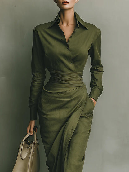 Versatile women's long sleeve green wrap dress, V-neck midi style for office wear or elegant party occasions.