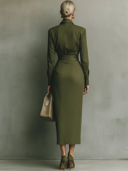 Timeless women's elegant green wrap midi dress with long sleeves & V-neck, a sophisticated choice for parties or work.