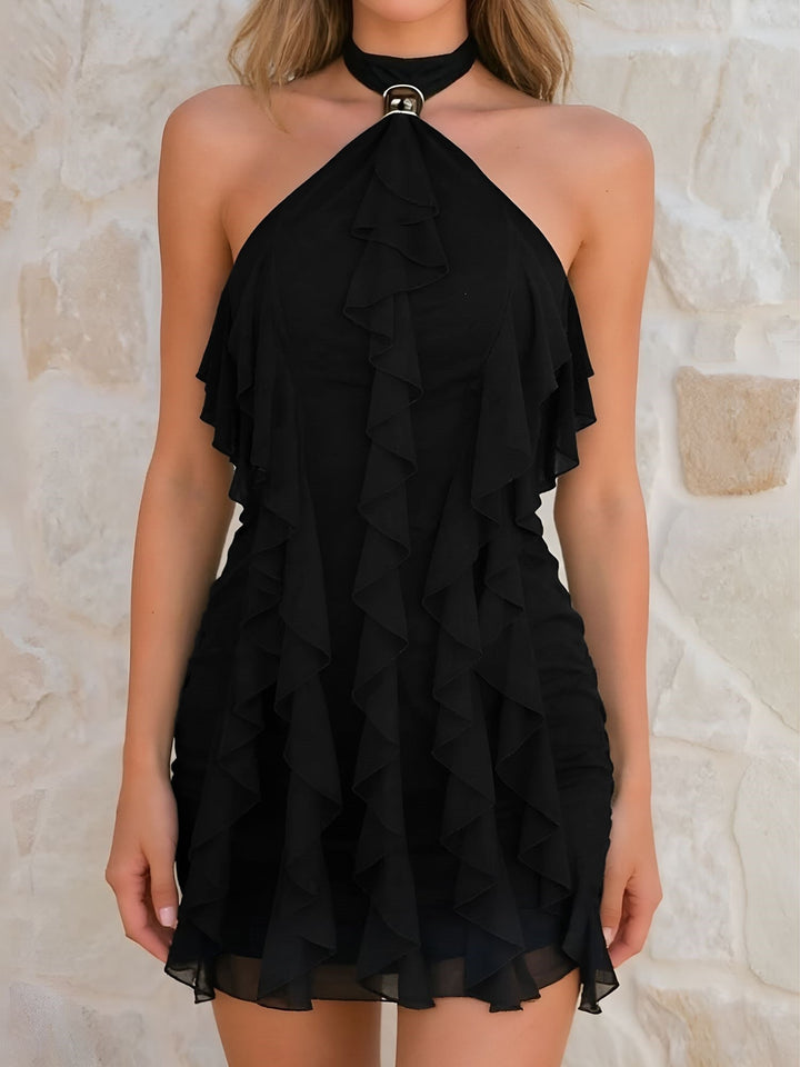 Casual chic women's halter mini bodycon dress with elegant ruffles, great for vacation & summer events.