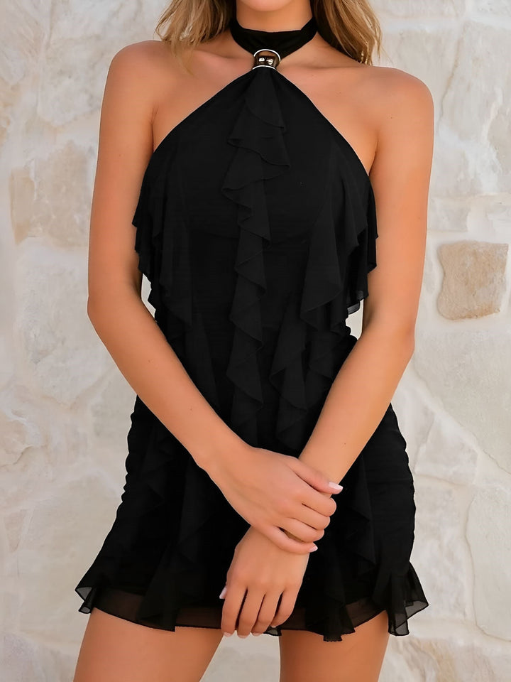 Women's elegant halter ruffle mini bodycon dress, a flattering party and summer outfit.