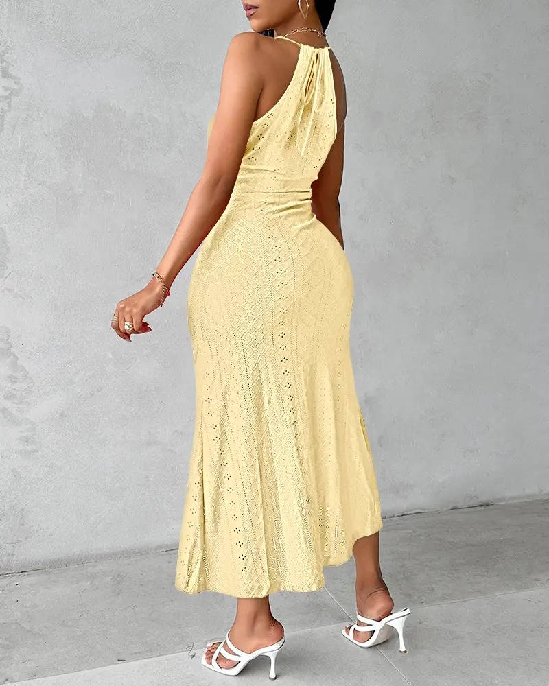 Stylish women's beach formal A-line maxi dress, halter neck with a graceful slit. Perfect for vacation & resort wear.
