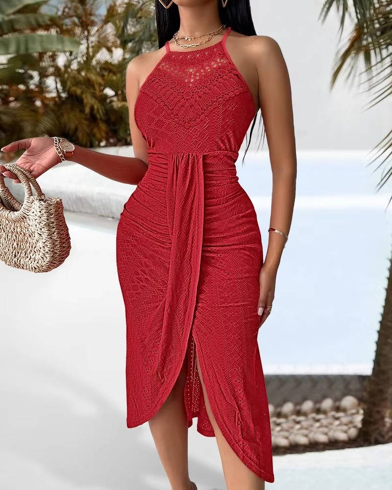 Spring/Summer women's halter maxi dress, A-line design with a chic slit. Perfect for garden parties & events.