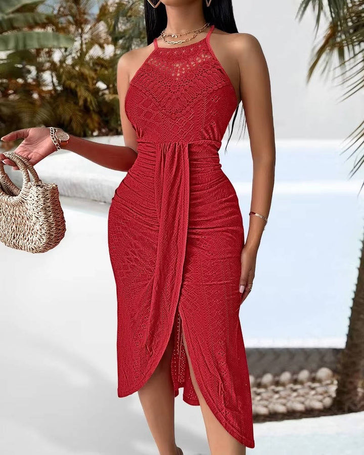 Spring/Summer women's halter maxi dress, A-line design with a chic slit. Perfect for garden parties & events.