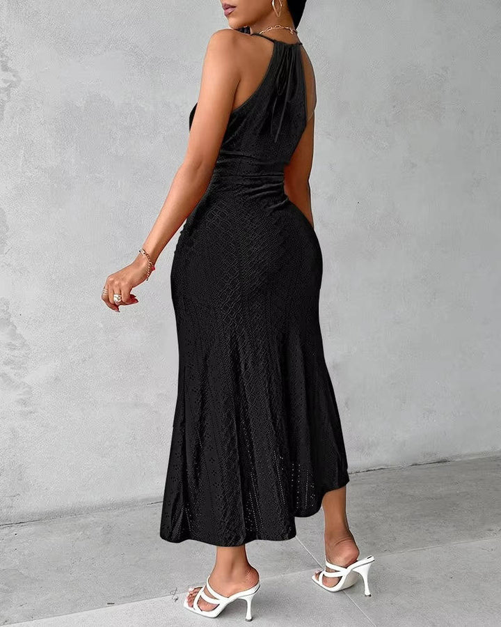 Women's flattering A-line halter maxi dress with a side slit. Perfect elegant evening gown for various body types.