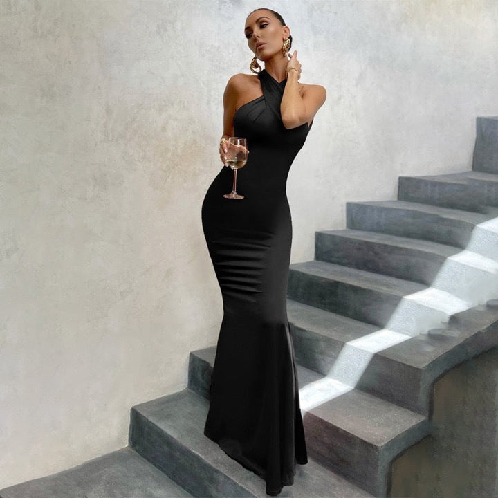 Elegant Women's Halter Mermaid Maxi Dress, perfect for wedding guests, formal evening events, and special occasions.
