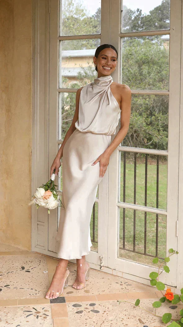 Elegant Women's Halter Midi Dress, perfect for formal events, cocktails, or wedding guests.