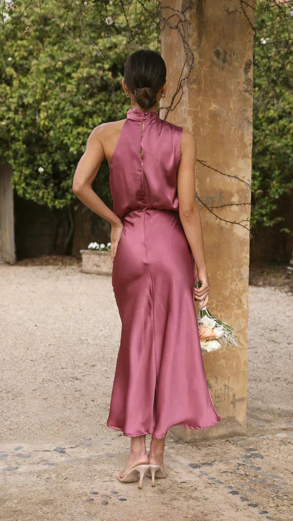 Elegant women's summer halter midi dress, perfect for garden parties or formal gatherings.