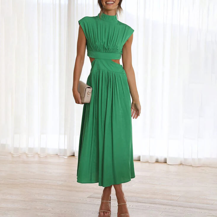 Elegant women's halter midi dress with a stylish side slit, perfect for summer occasions.