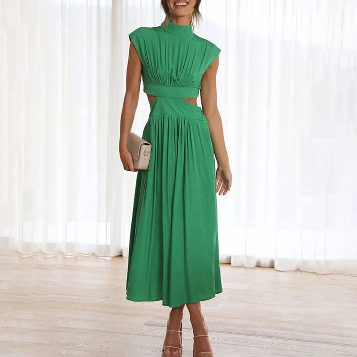 Elegant women's halter midi dress with a stylish side slit, perfect for summer occasions.
