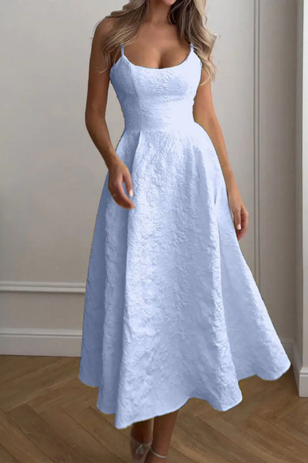 A-line halter neck maxi dress with front keyhole detail for women. Elegant & sleeveless, great for summer.