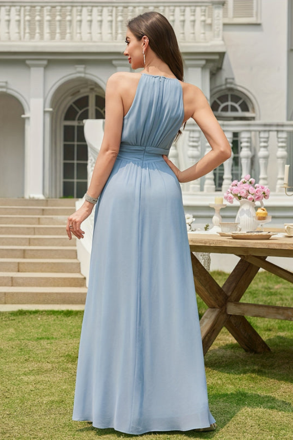 Women's elegant halter neck maxi gown, ideal for wedding guests, proms, or formal evening events.