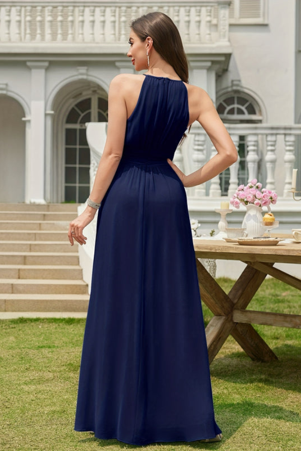 Chic women's halter neck maxi dress featuring a stylish keyhole neckline, ideal for bridesmaid or formal events.