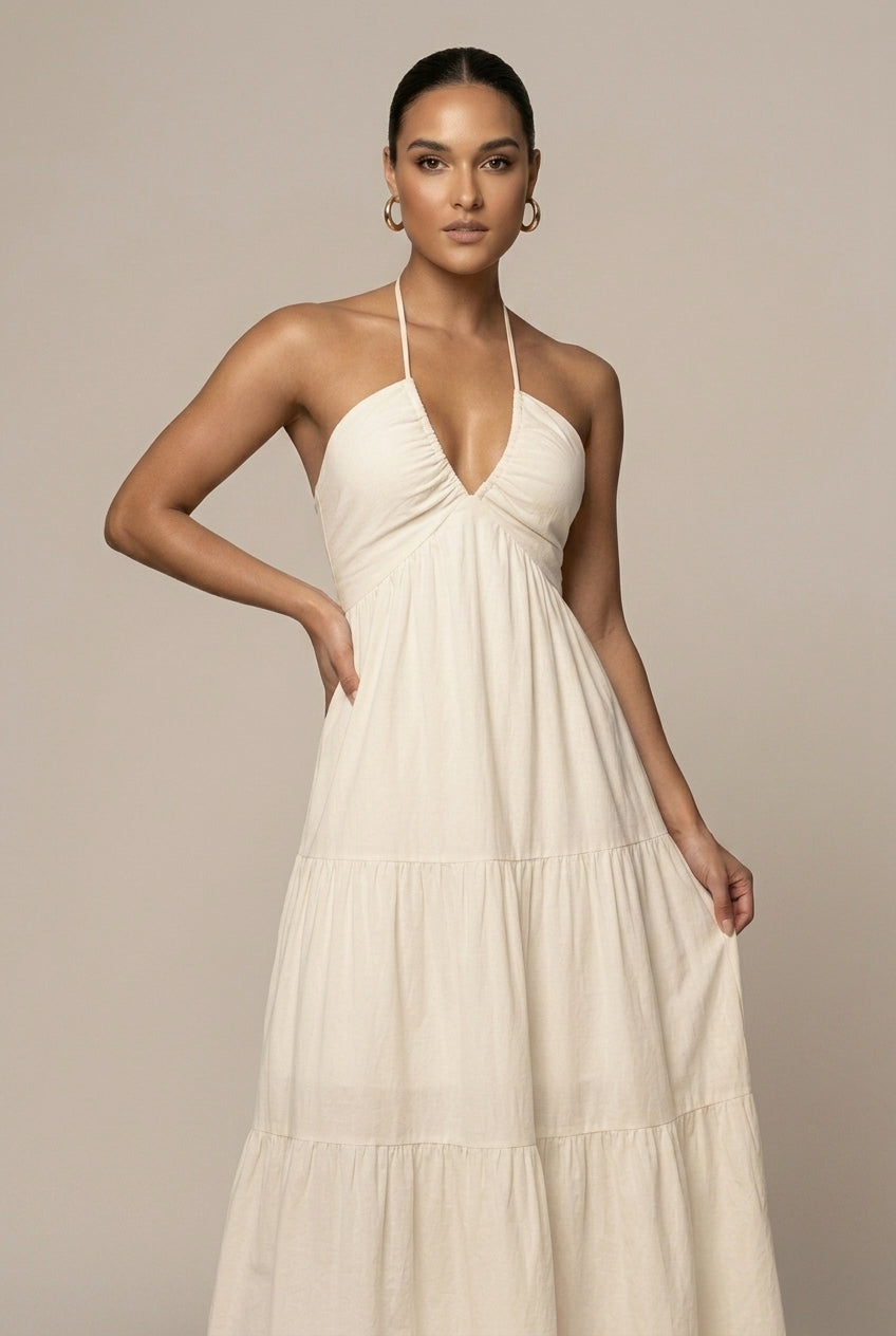 Summer fashion: Women's halter maxi dress with tiered ruffles, open back, & a comfortable flowy fit.