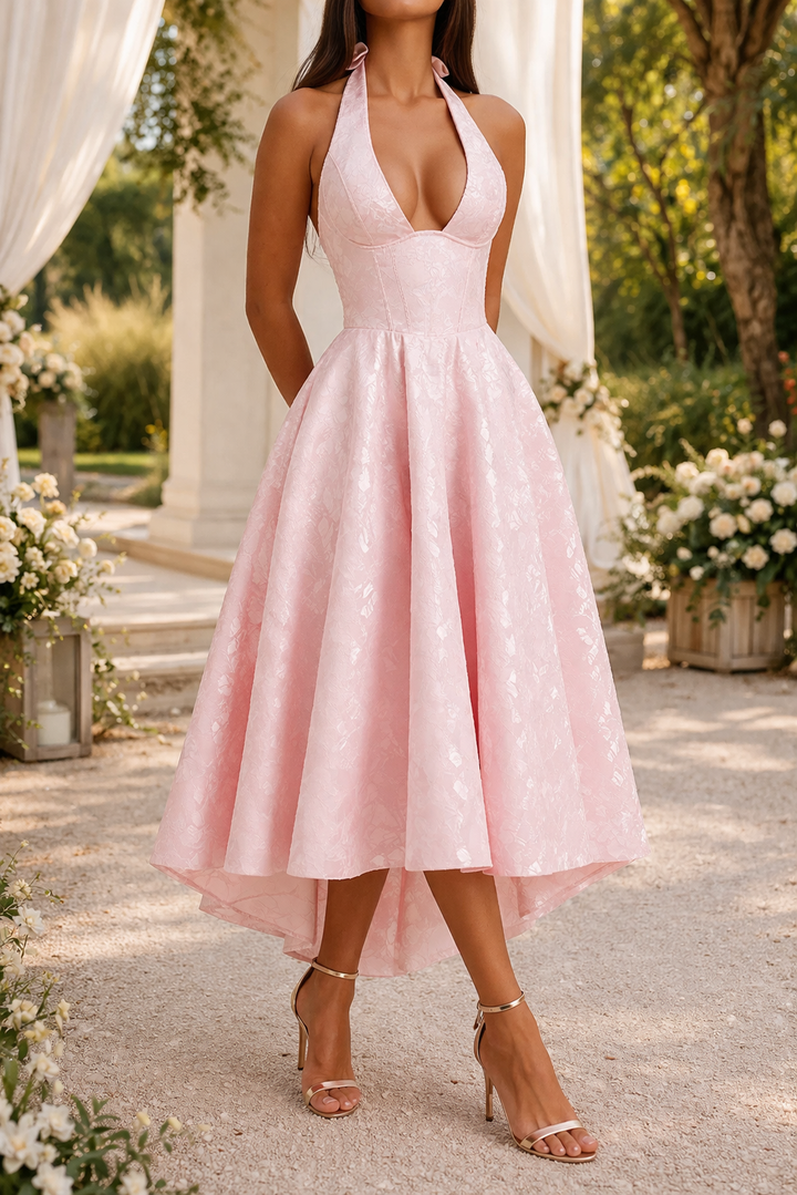 Elegant women's halter neck midi wedding guest dress with a fitted waist and flared skirt, perfect for special occasions.