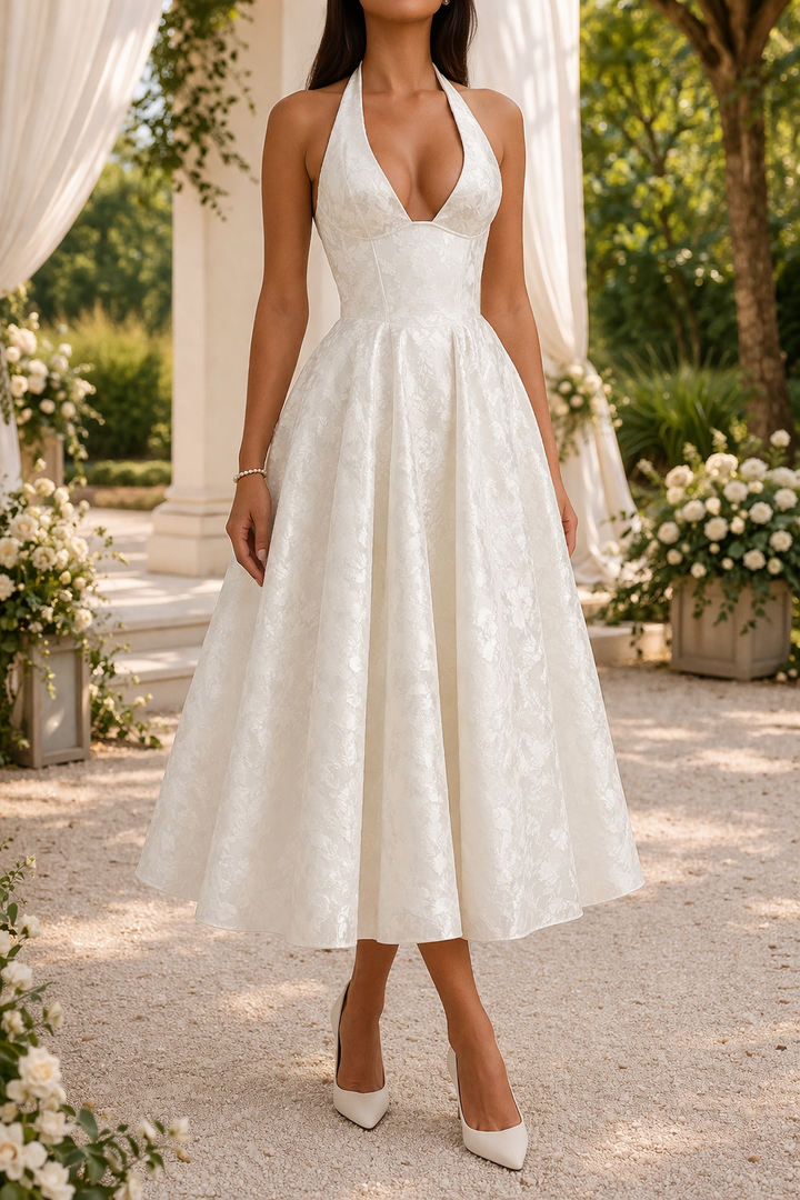 Chic women's halter neck midi cocktail dress, ideal for wedding guests, parties, and formal events. Fitted silhouette.