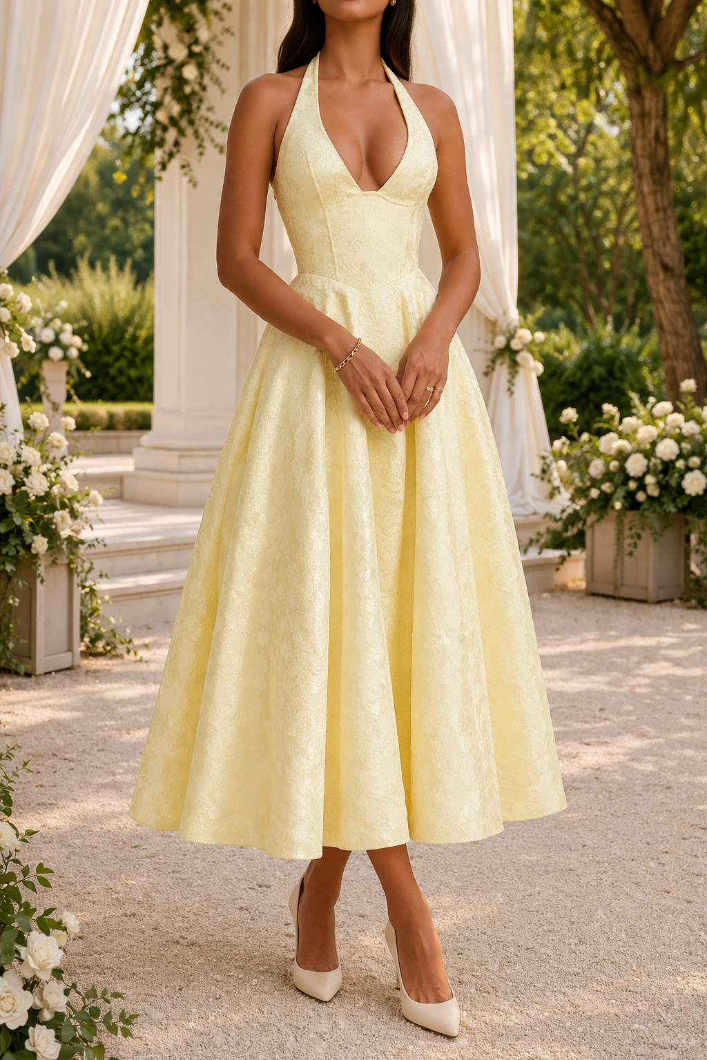 Sophisticated women's midi halter neck dress for wedding guests. Features a flattering fitted waist and elegant flared skirt.