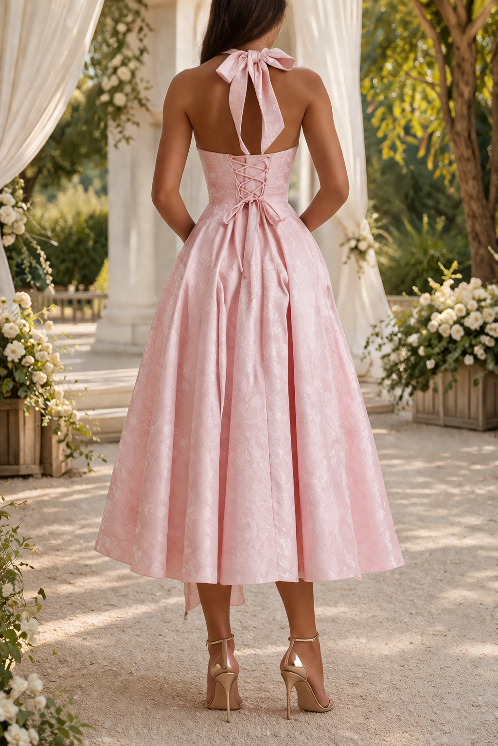 Stylish women's fitted halter neck midi dress, ideal as a wedding guest, cocktail, or party dress. Occasion wear.
