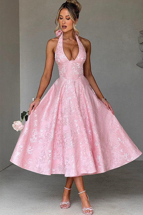 Elegant women's halterneck maxi dress, perfect for homecoming & prom.