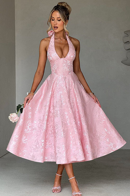 Sophisticated women's halter maxi dress, ideal for formal evening parties.