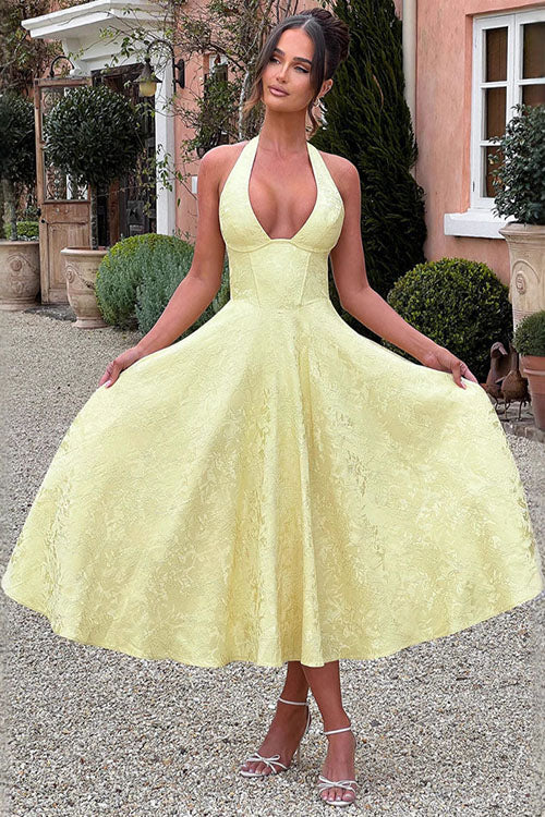 Elegant A-line prom gown with a classy halterneck for women.
