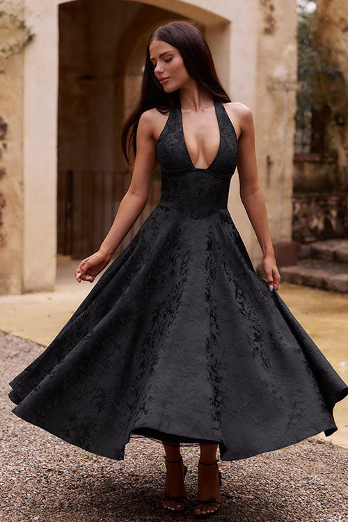 Long prom dress for women, A-line cut, stunning halterneck detail.
