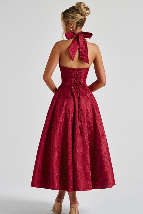 Flattering women's party maxi dress, elegant halterneck for formal events.