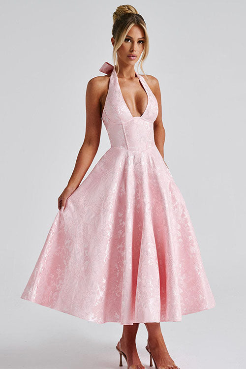 Sophisticated women's long halterneck dress, perfect for prom & homecoming.