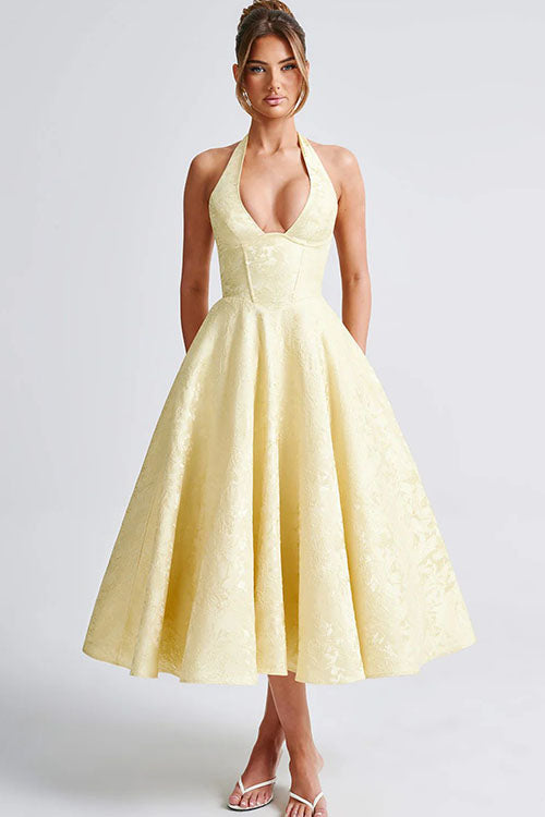 Elegant women's evening maxi dress, A-line, chic halterneck design.