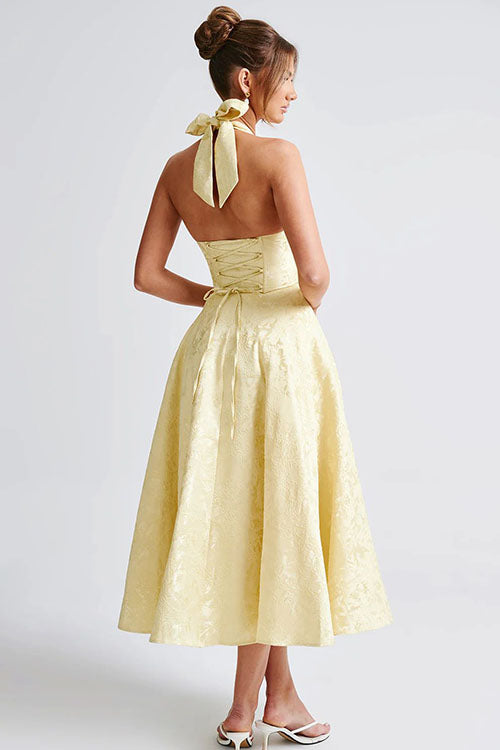 Sophisticated women's formal evening dress, chic A-line halterneck.