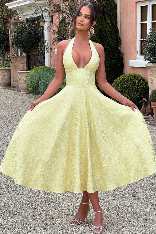 Elegant women's party maxi dress, beautiful halterneck for events.