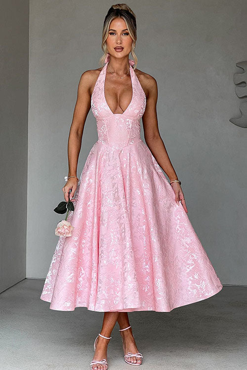 Chic halterneck maxi gown for women, perfect for formal events & parties.