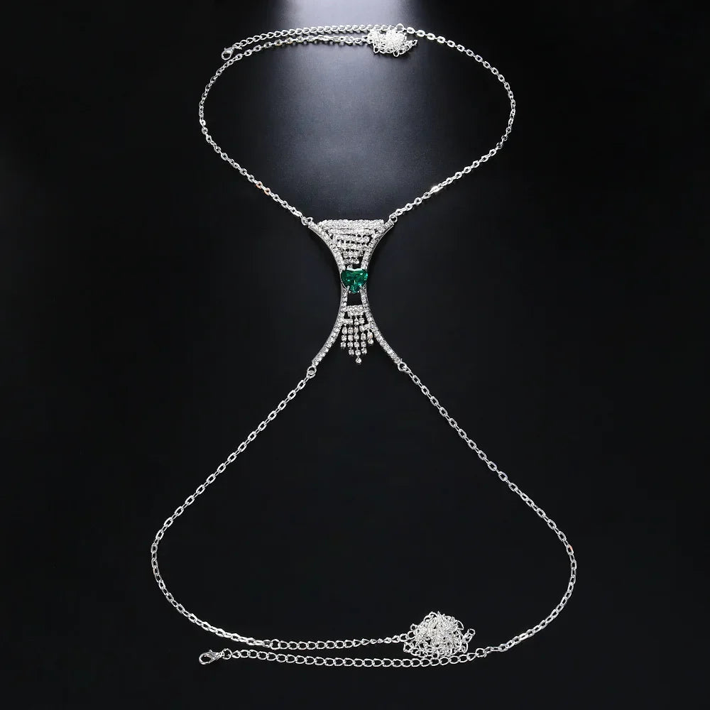 Elegant women's heart crystal chest body chain, dazzling rhinestone party jewelry and statement accessory.