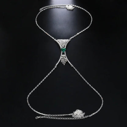 Elegant women's heart crystal chest body chain, dazzling rhinestone party jewelry and statement accessory.