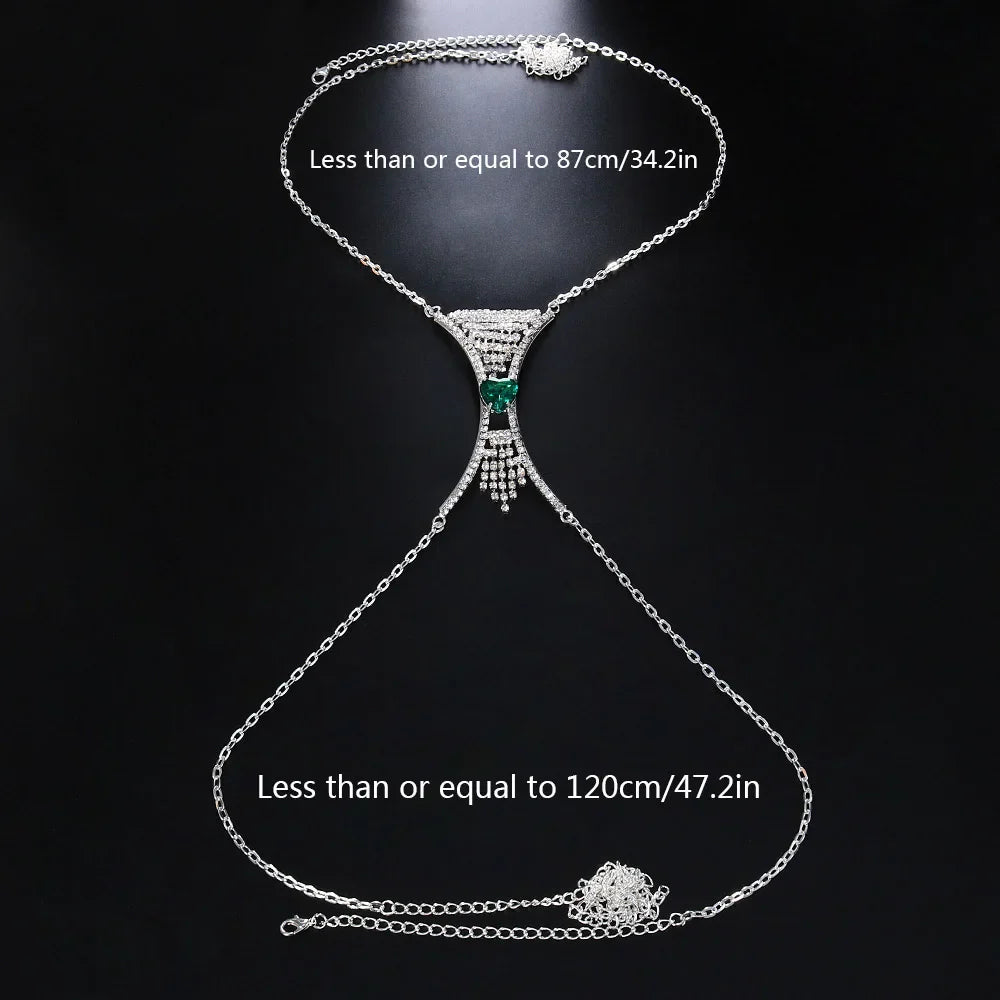 Sparkling women's heart crystal rhinestone chest body chain, an elegant statement jewelry for parties.