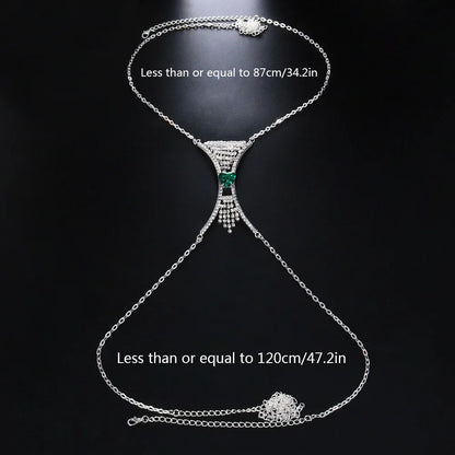 Sparkling women's heart crystal rhinestone chest body chain, an elegant statement jewelry for parties.