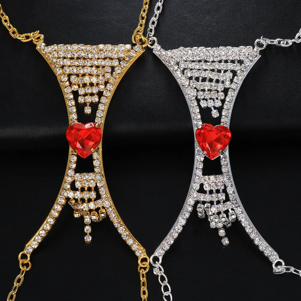 Women's heart crystal chest body chain, an elegant rhinestone accessory for statement party jewelry.