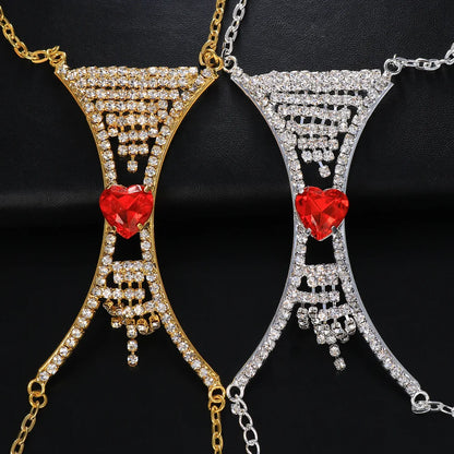 Women's heart crystal chest body chain, an elegant rhinestone accessory for statement party jewelry.