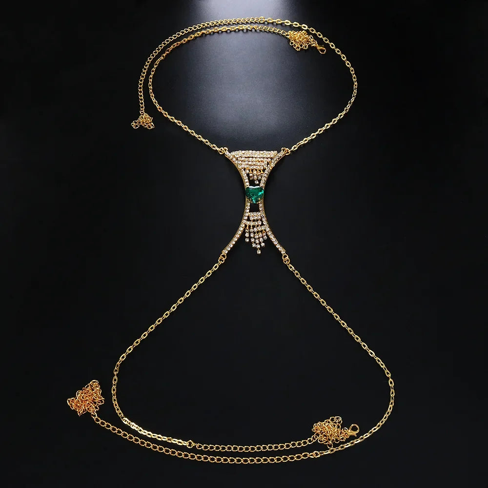 Statement women's heart crystal chest body chain, elegant rhinestone jewelry accessory for dazzling party glam.
