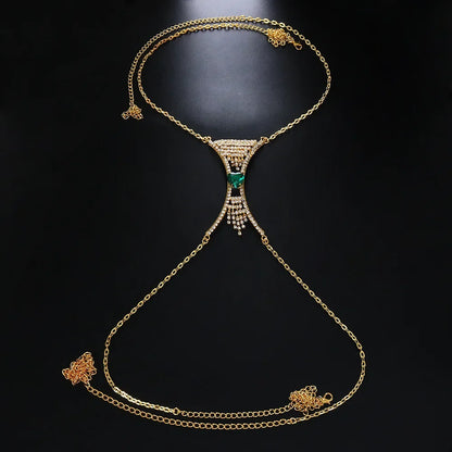 Statement women's heart crystal chest body chain, elegant rhinestone jewelry accessory for dazzling party glam.