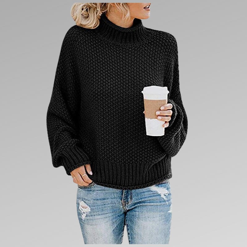Sophisticated long-sleeve women's high-neck sweater, perfect for elegant fall & winter fashion outfits.