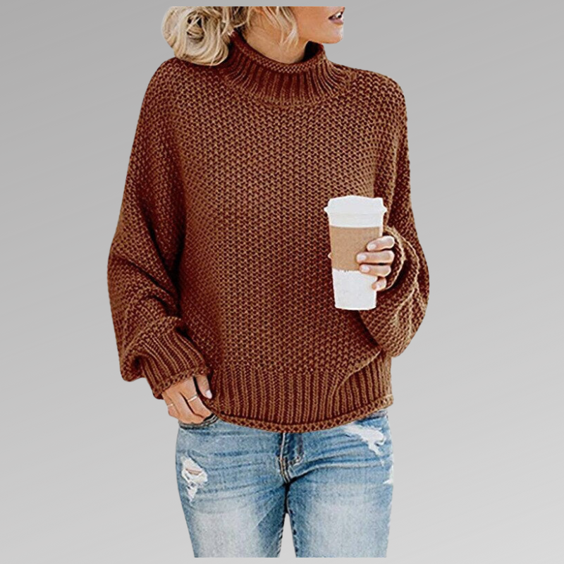 Cozy knit women's high-neck sweater offering elegant comfort for chilly fall and winter days. Versatile style.