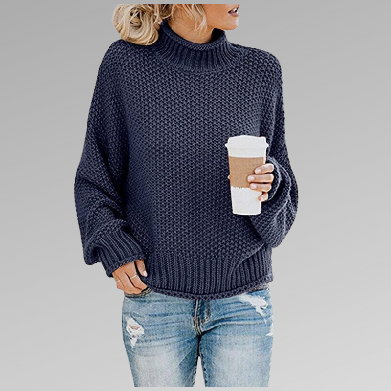 Soft, cozy knit women's high-neck sweater, perfect for elegant fall & winter comfort and versatile everyday wear.
