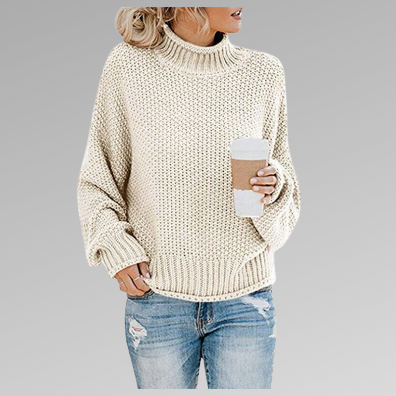 Stylish women's high-neck sweater, a sophisticated long-sleeve choice for chic winter fashion & cozy comfort.