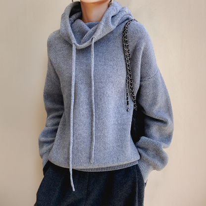 Comfy azure blue women's high-neck turtleneck top, ideal for fall fashion and elegant winter layering.