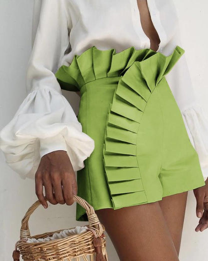 Trendy women's casual high-waist shorts with elegant ruffles, a stylish summer fashion piece.
