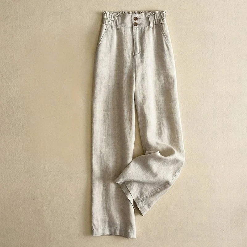Elegant women's high-waist wide-leg flowy trousers, perfect for spring/summer comfort and chic style.