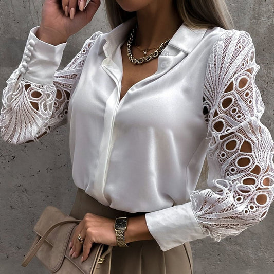 Elegant women's hollow out long sleeve blouse. Chic and versatile black top for any occasion.