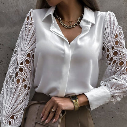 Versatile women's elegant blouse with hollow out design. Chic long sleeve top, ideal for casual or dressy wear.