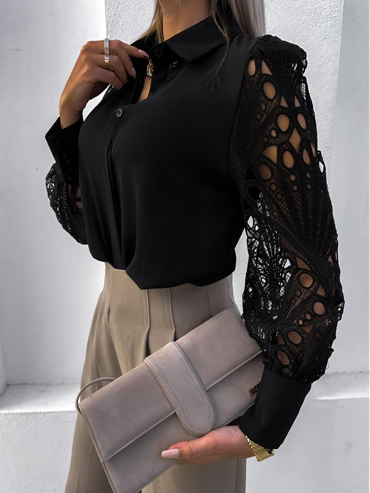 Women's elegant hollow out blouse, a chic long sleeve black top. Perfect for versatile fashion styling.
